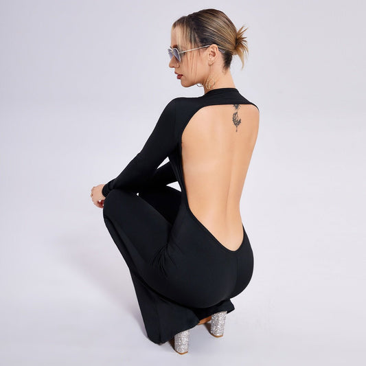 Black Long Sleeve Open Back Straight - Leg Jumpsuit for Women | Outfit & Sets - KOZHIKO
