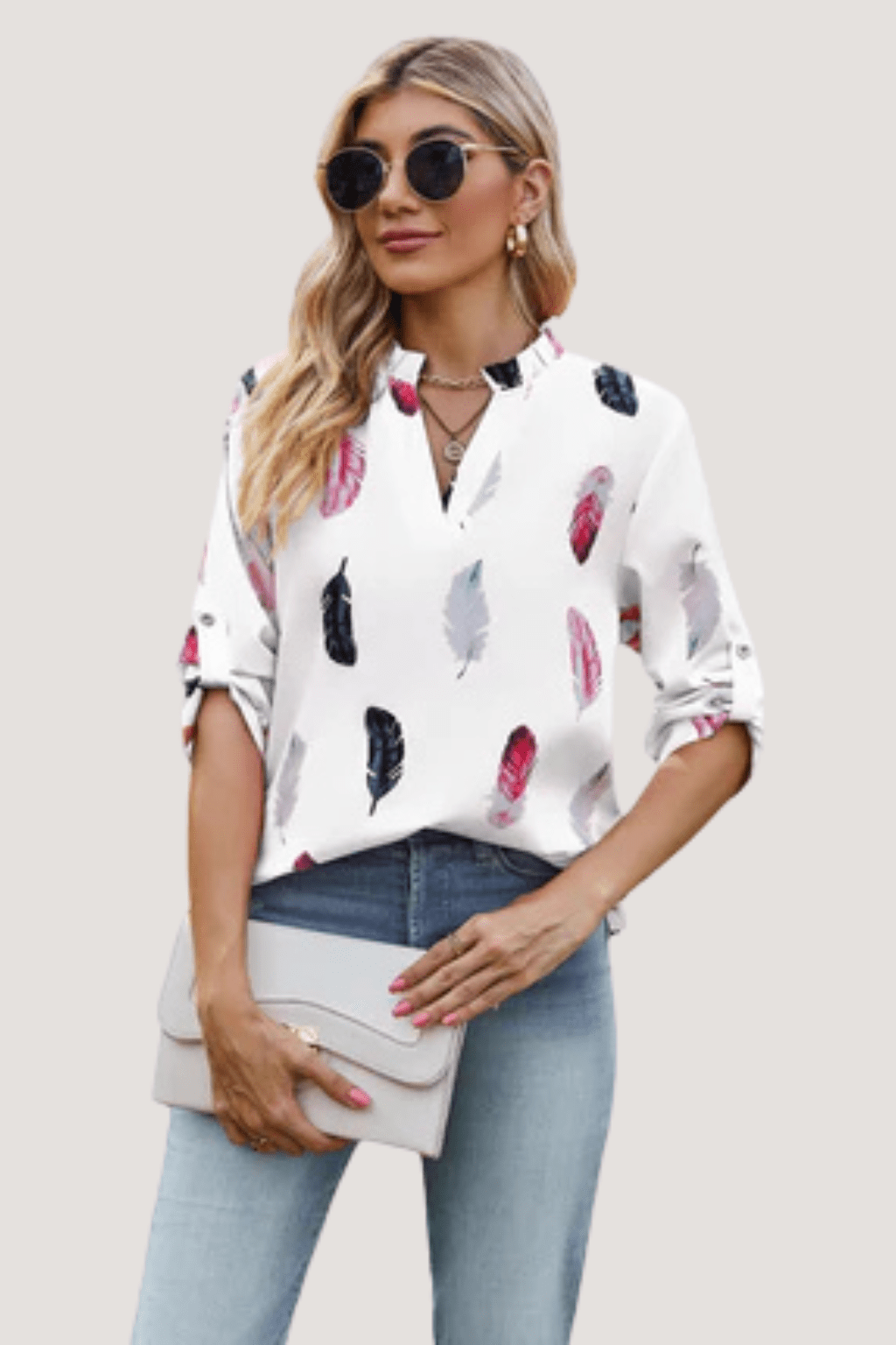 Feather Print V - Neck Blouse for Women – 3/4 Sleeve Loose Fit Pullover | Tops & Blouses - KOZHIKO
