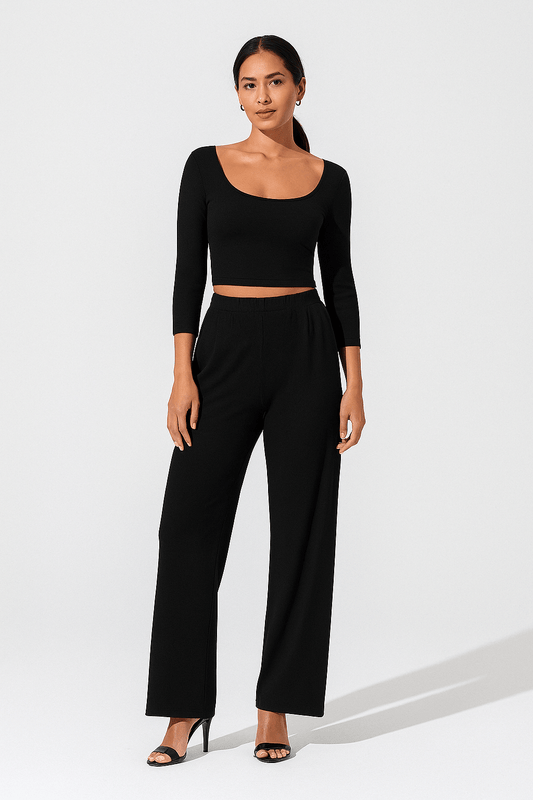 Ribbed Crop Top and High Waist Pants Lounge Set for Women | Outfit & Sets - KOZHIKO