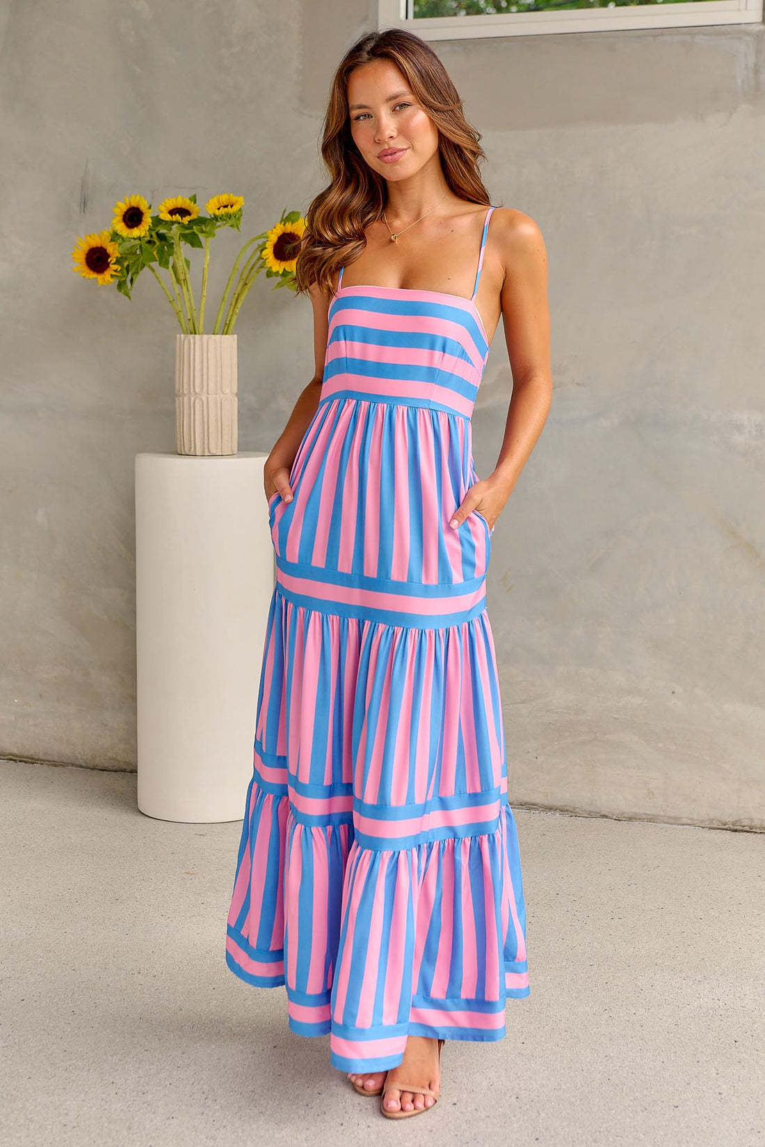 Women's Striped Maxi Sundress with Square Neck and Pockets | Dress - KOZHIKO