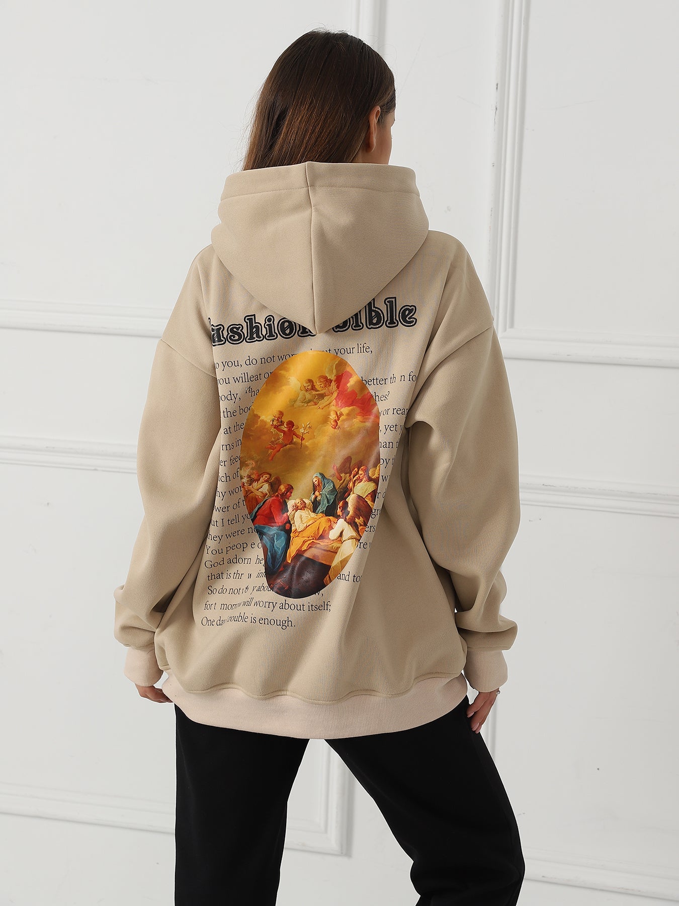 Bible Verse Hoodie with Renaissance Angel Print – Casual Oversized Pullover for Women | Outerwear & Jackets - KOZHIKO