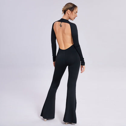 Black Long Sleeve Open Back Straight - Leg Jumpsuit for Women | Outfit & Sets - KOZHIKO