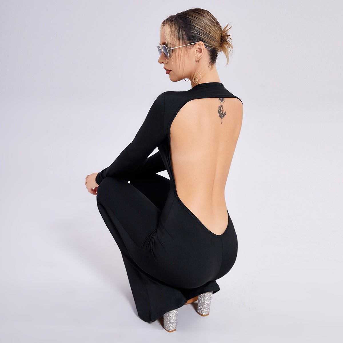 Black Long Sleeve Open Back Straight - Leg Jumpsuit for Women | Outfit & Sets - KOZHIKO