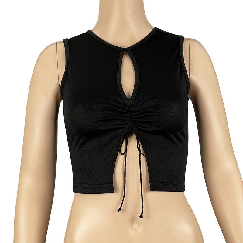 Black Sleeveless Split Keyhole Drawstring Crop Top for Women | Tops & Blouses - KOZHIKO