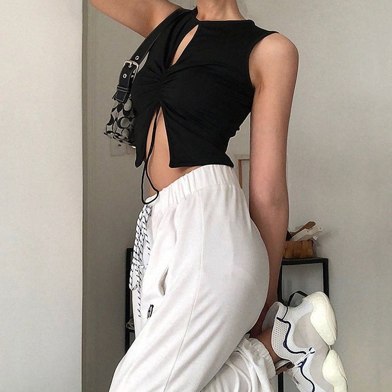 Black Sleeveless Split Keyhole Drawstring Crop Top for Women | Tops & Blouses - KOZHIKO