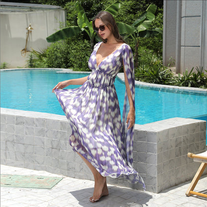 Boho Chiffon Maxi Dress for Women – Deep V - Neck, Flowing Butterfly Sleeves | Dress - KOZHIKO