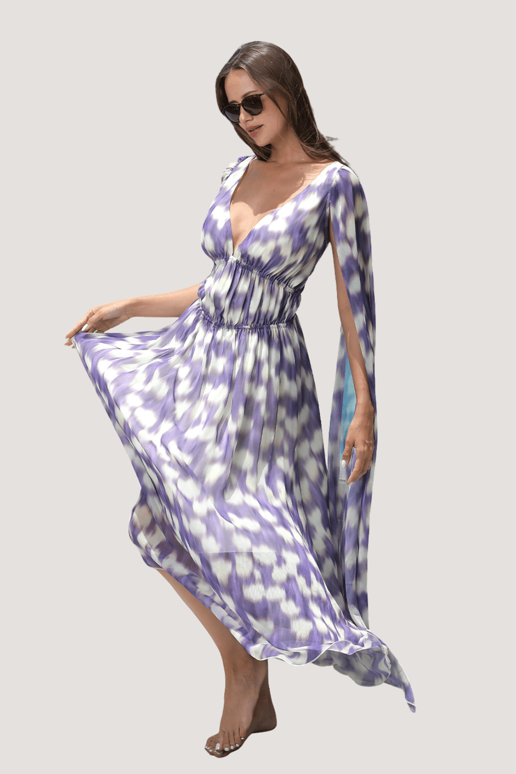 Boho Chiffon Maxi Dress for Women – Deep V - Neck, Flowing Butterfly Sleeves | Dress - KOZHIKO