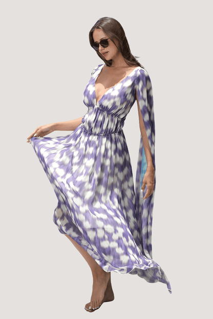 Boho Chiffon Maxi Dress for Women – Deep V - Neck, Flowing Butterfly Sleeves | Dress - KOZHIKO