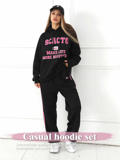 Casual Hoodie & Sweatpants Set for Women – Printed Top with Drawstring Joggers | Outfit & Sets - KOZHIKO