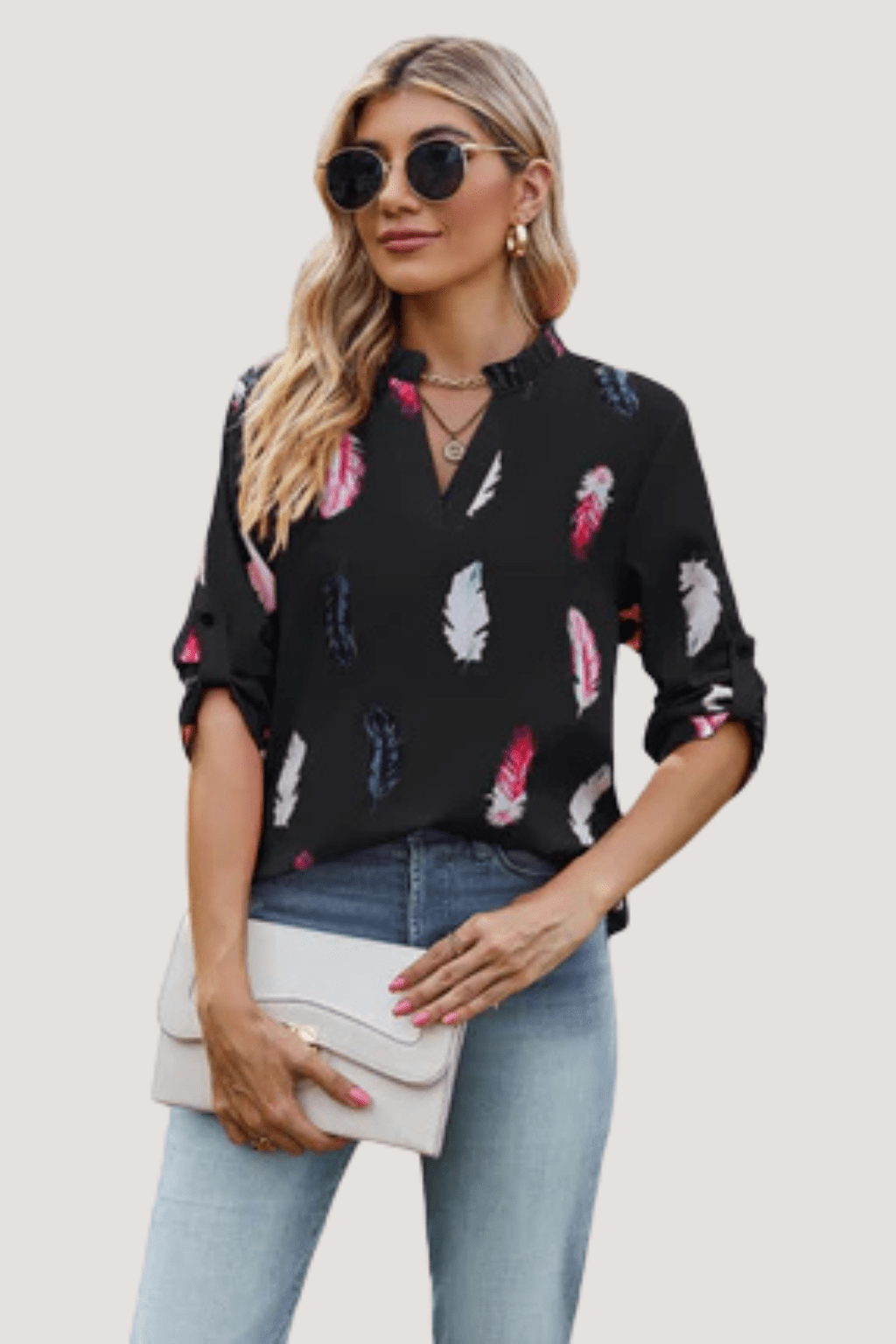 Feather Print V - Neck Blouse for Women – 3/4 Sleeve Loose Fit Pullover | Tops & Blouses - KOZHIKO