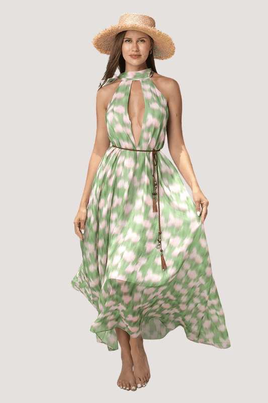 Green and Pink Halter Neck Floral Maxi Dress for Women | Dress - KOZHIKO