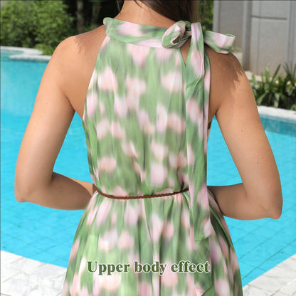 Green and Pink Halter Neck Floral Maxi Dress for Women | Dress - KOZHIKO