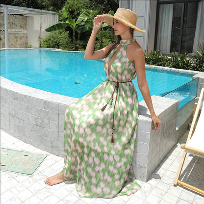 Green and Pink Halter Neck Floral Maxi Dress for Women | Dress - KOZHIKO