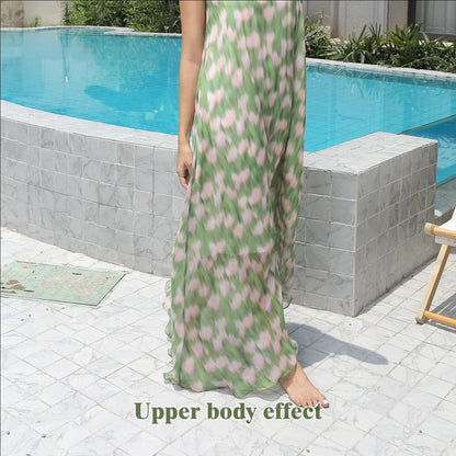 Green and Pink Halter Neck Floral Maxi Dress for Women | Dress - KOZHIKO