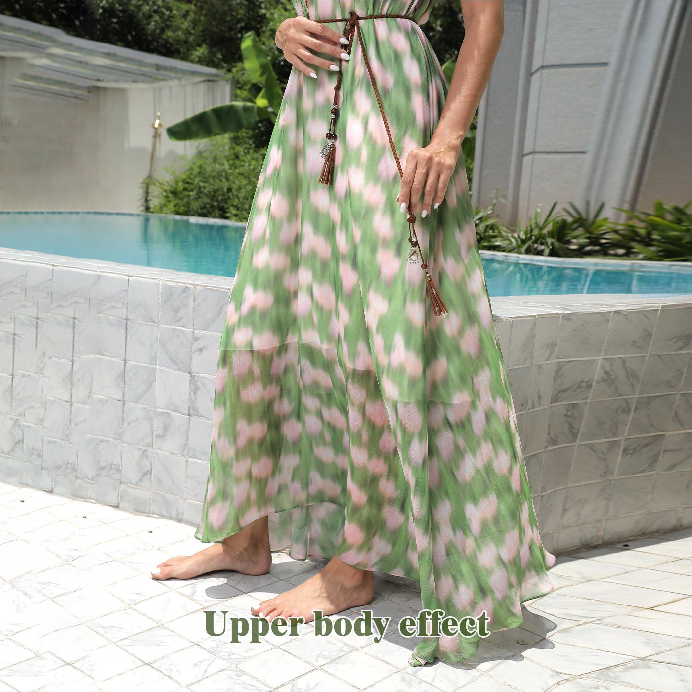 Green and Pink Halter Neck Floral Maxi Dress for Women | Dress - KOZHIKO