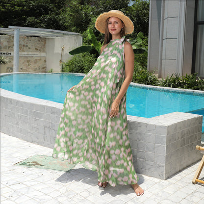 Green and Pink Halter Neck Floral Maxi Dress for Women | Dress - KOZHIKO