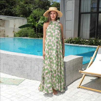 Green and Pink Halter Neck Floral Maxi Dress for Women | Dress - KOZHIKO