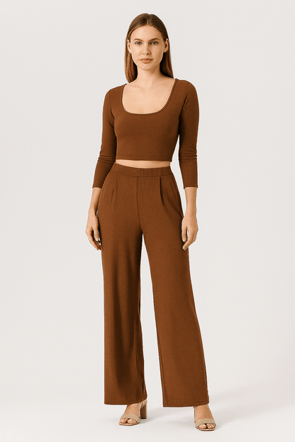 Ribbed Crop Top and High Waist Pants Lounge Set for Women | Outfit & Sets - KOZHIKO