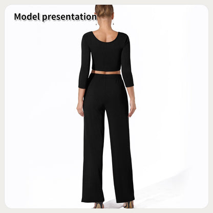 Ribbed Crop Top and High Waist Pants Lounge Set for Women | Outfit & Sets - KOZHIKO