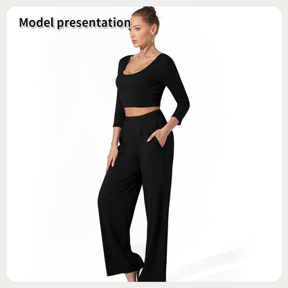 Ribbed Crop Top and High Waist Pants Lounge Set for Women | Outfit & Sets - KOZHIKO