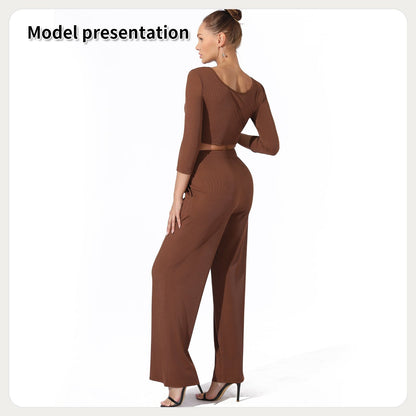 Ribbed Crop Top and High Waist Pants Lounge Set for Women | Outfit & Sets - KOZHIKO
