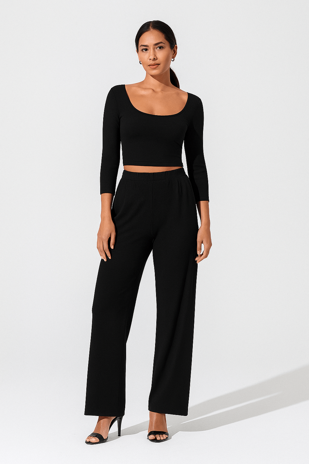 Ribbed Crop Top and High Waist Pants Lounge Set for Women | Outfit & Sets - KOZHIKO