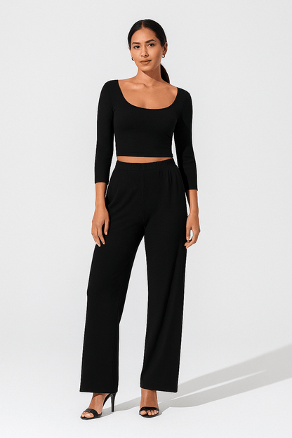 Ribbed Crop Top and High Waist Pants Lounge Set for Women | Outfit & Sets - KOZHIKO
