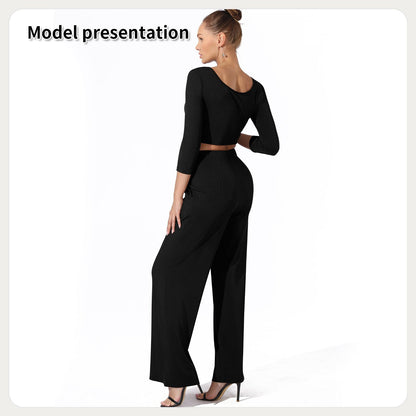 Ribbed Crop Top and High Waist Pants Lounge Set for Women | Outfit & Sets - KOZHIKO