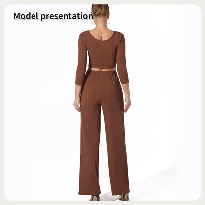 Ribbed Crop Top and High Waist Pants Lounge Set for Women | Outfit & Sets - KOZHIKO