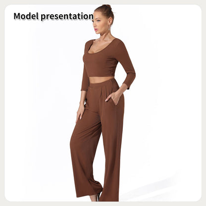 Ribbed Crop Top and High Waist Pants Lounge Set for Women | Outfit & Sets - KOZHIKO