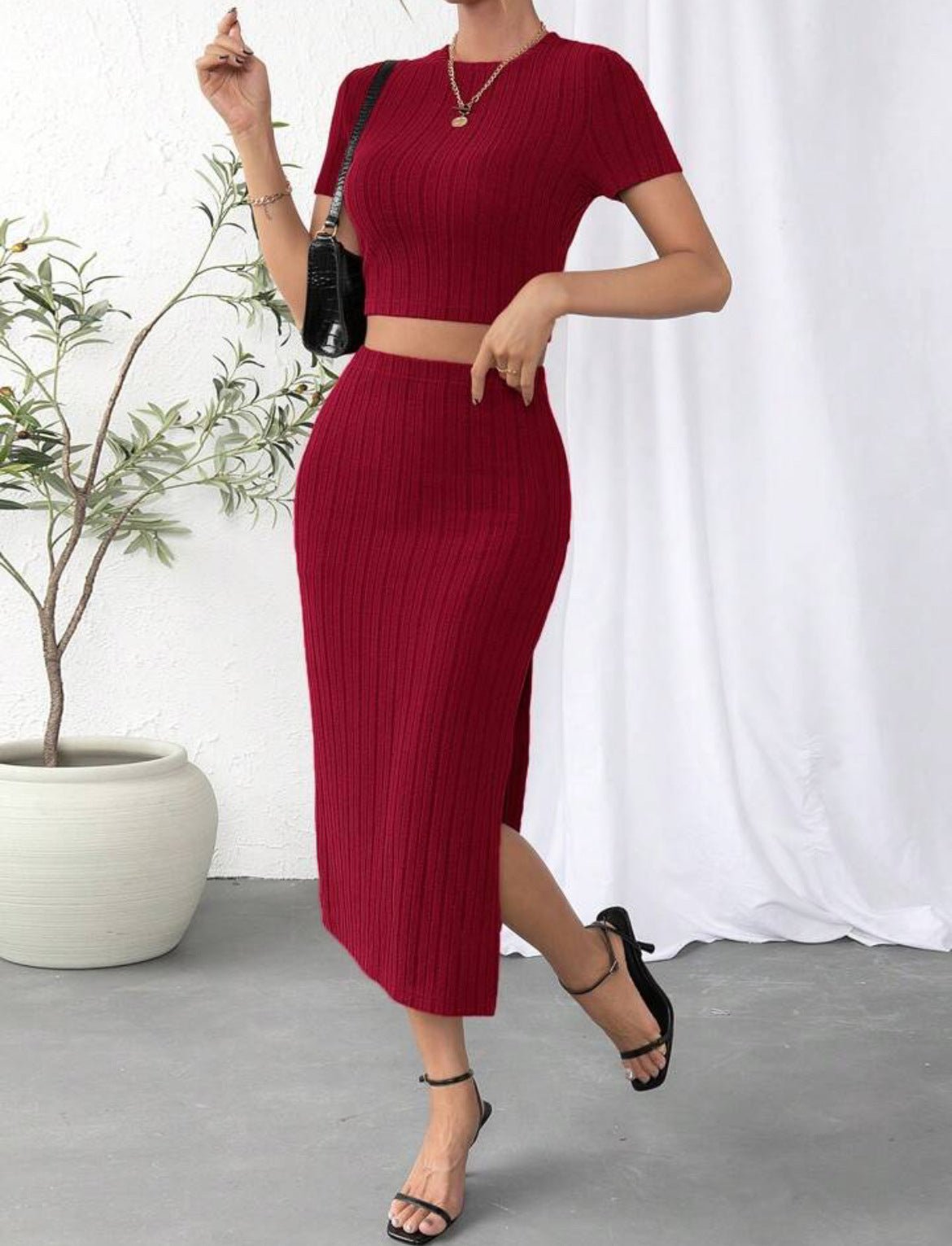 Two - Piece High Waist Skirt Set with Long Sleeve Top for Women | Outfit & Sets - KOZHIKO