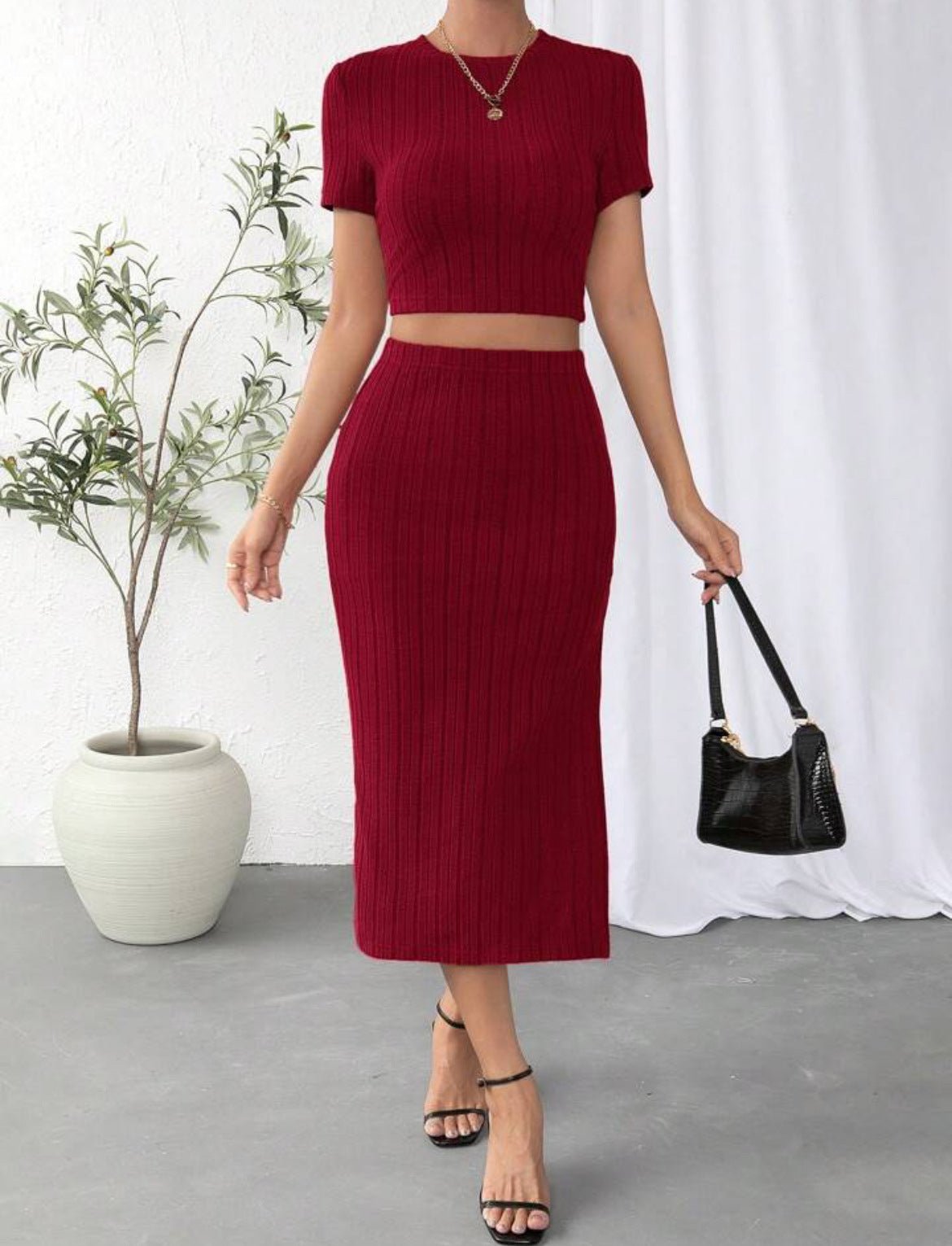 Two - Piece High Waist Skirt Set with Long Sleeve Top for Women | Outfit & Sets - KOZHIKO