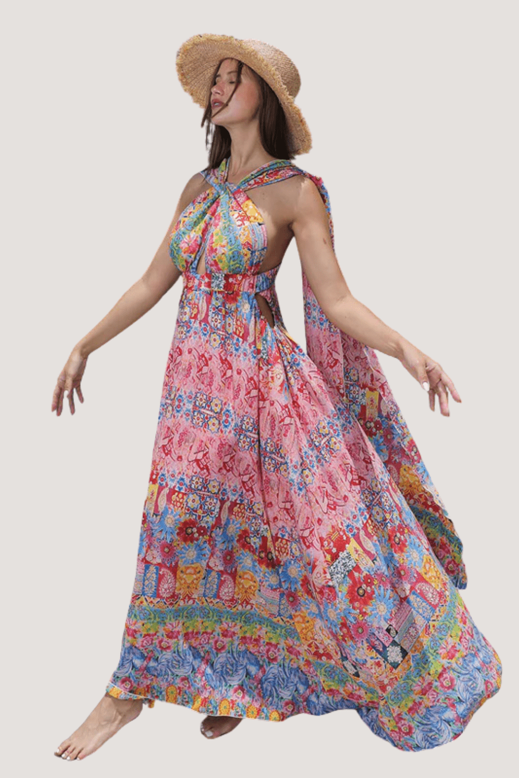 Women's Colorful Bohemian Floral Maxi Dress with Flowing Hem | Dress - KOZHIKO