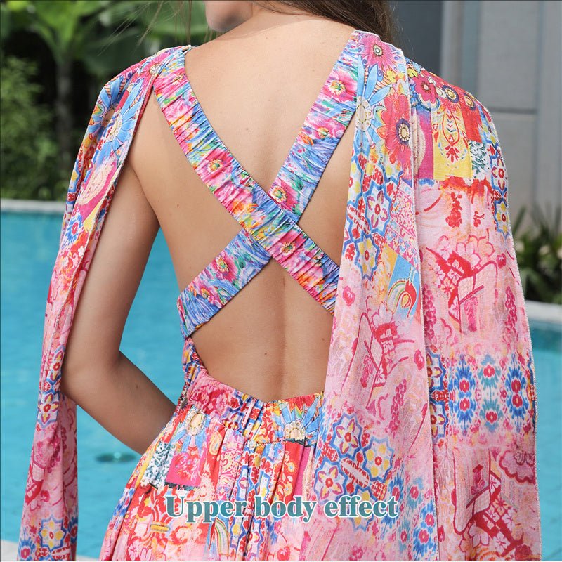 Women's Colorful Bohemian Floral Maxi Dress with Flowing Hem | Dress - KOZHIKO