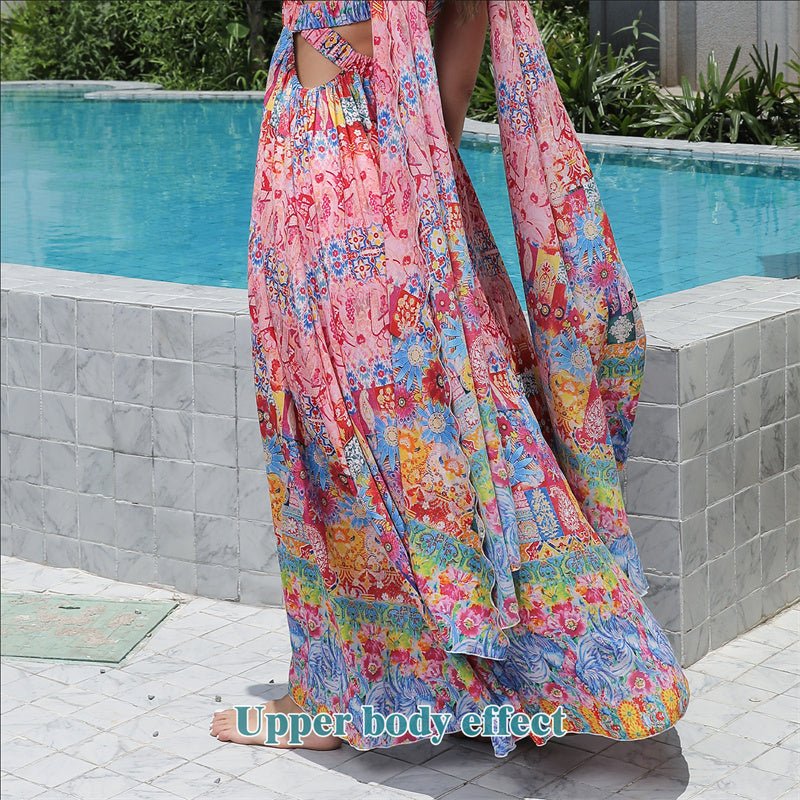 Women's Colorful Bohemian Floral Maxi Dress with Flowing Hem | Dress - KOZHIKO