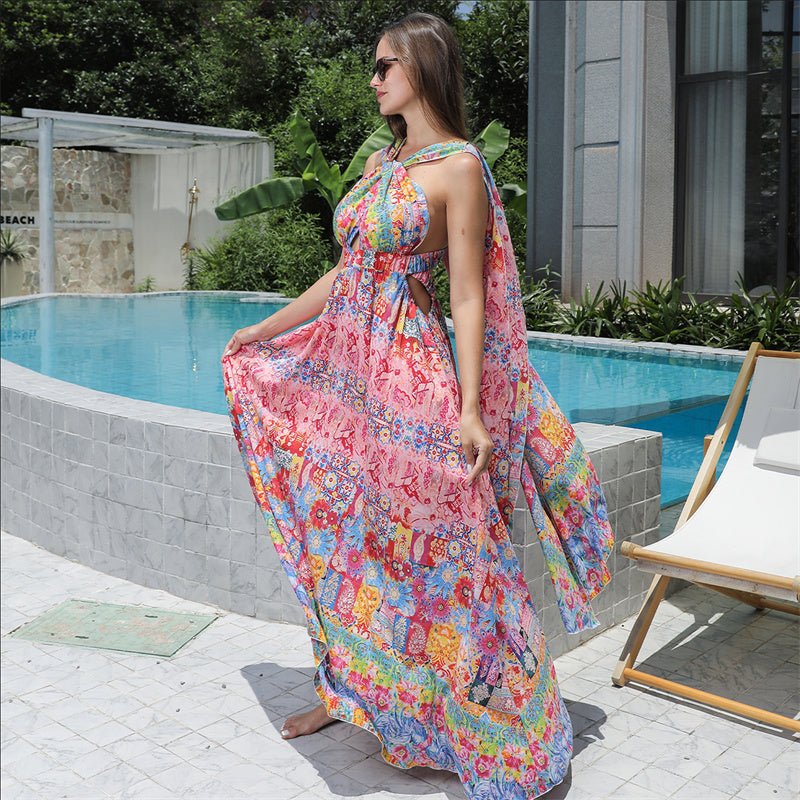 Women's Colorful Bohemian Floral Maxi Dress with Flowing Hem | Dress - KOZHIKO