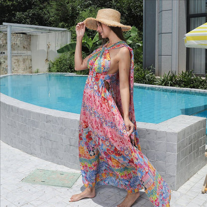 Women's Colorful Bohemian Floral Maxi Dress with Flowing Hem | Dress - KOZHIKO