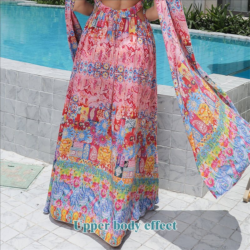 Women's Colorful Bohemian Floral Maxi Dress with Flowing Hem | Dress - KOZHIKO