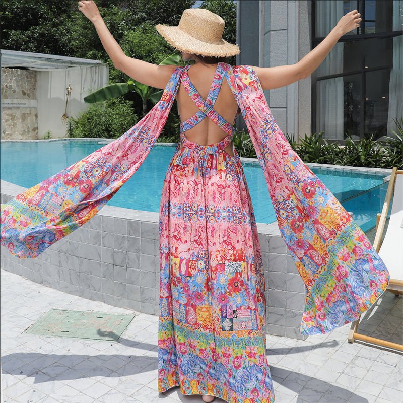 Women's Colorful Bohemian Floral Maxi Dress with Flowing Hem | Dress - KOZHIKO