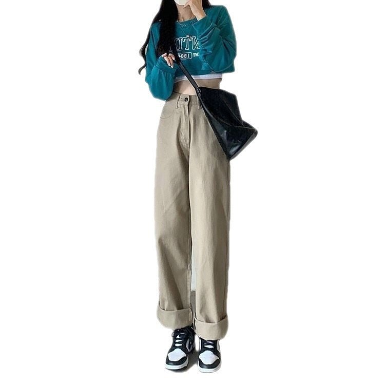 Women's High Waist Khaki Wide Leg Cotton Pants | Leggings - KOZHIKO