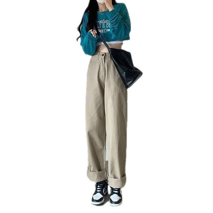 Women's High Waist Khaki Wide Leg Cotton Pants | Leggings - KOZHIKO