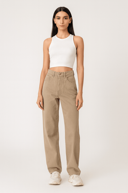 Women's High Waist Khaki Wide Leg Cotton Pants | Leggings - KOZHIKO
