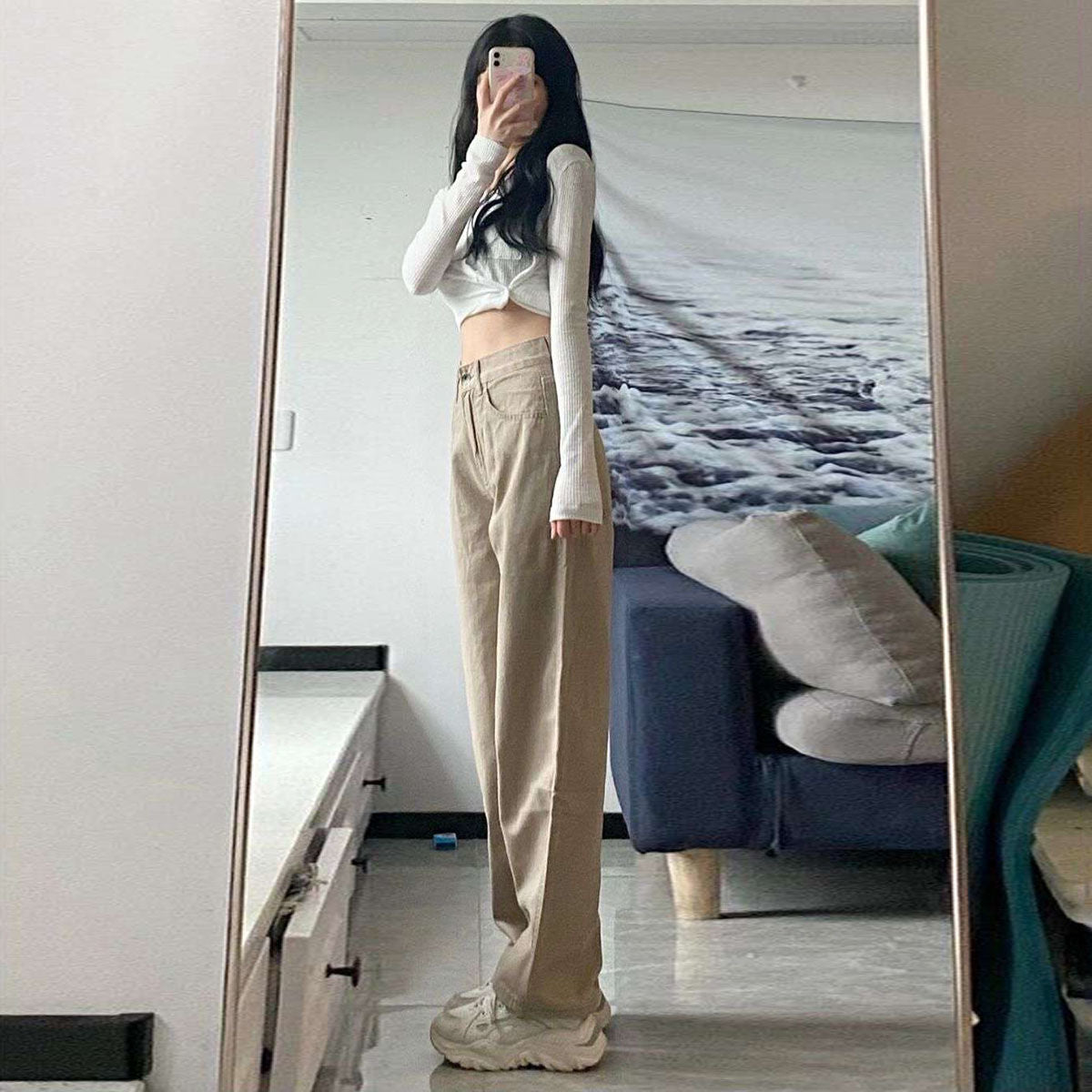Women's High Waist Khaki Wide Leg Cotton Pants | Leggings - KOZHIKO