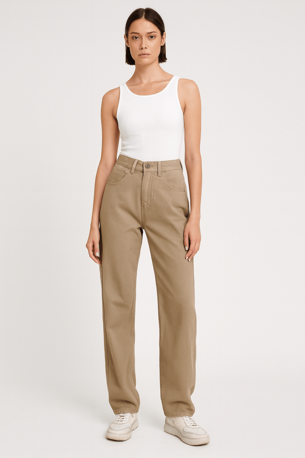 Women's High Waist Khaki Wide Leg Cotton Pants | Leggings - KOZHIKO