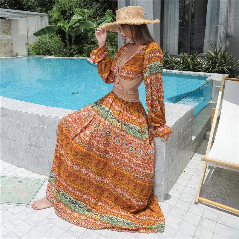 Women's Long Sleeve Floral Maxi Dress with Large Hem | Dress - KOZHIKO