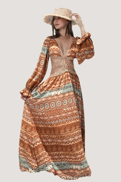 Women's Long Sleeve Floral Maxi Dress with Large Hem | Dress - KOZHIKO