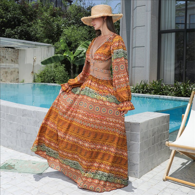 Women's Long Sleeve Floral Maxi Dress with Large Hem | Dress - KOZHIKO