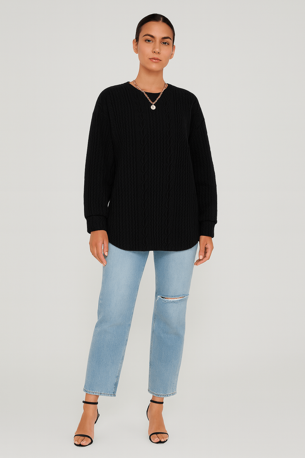 Women's Oversized Jacquard Knit Sweater – Round Neck, Long Sleeve | Outerwear & Jackets - KOZHIKO