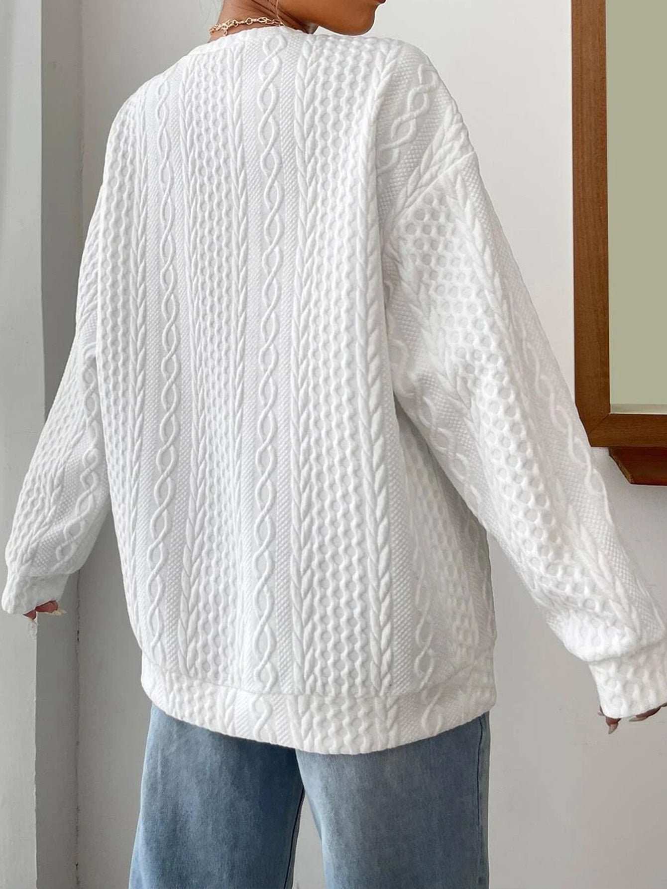 Women's Oversized Jacquard Knit Sweater – Round Neck, Long Sleeve | Outerwear & Jackets - KOZHIKO