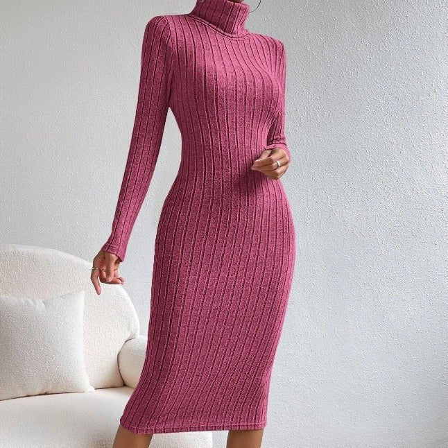 Women's Ribbed Turtleneck Long Sleeve Bodycon Midi Dress | Dress - KOZHIKO